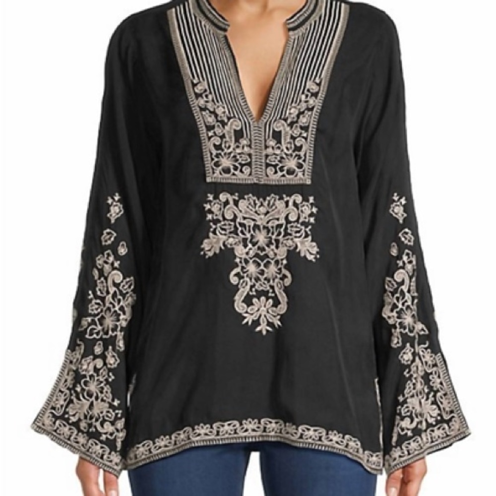 Johnny Was Black Tunic with Cream Embroidered Yoke